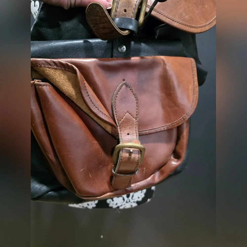 Two Tone Brown and Black Leather Full Size Buckle Closure Backpack 16x14